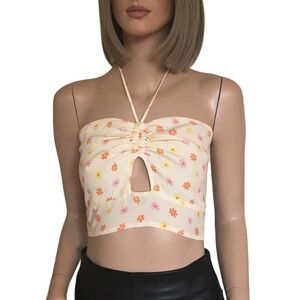 Elodie Yellow Shirred Smocked Floral Halter Top Blouse Tank Floral Rayon NWOT